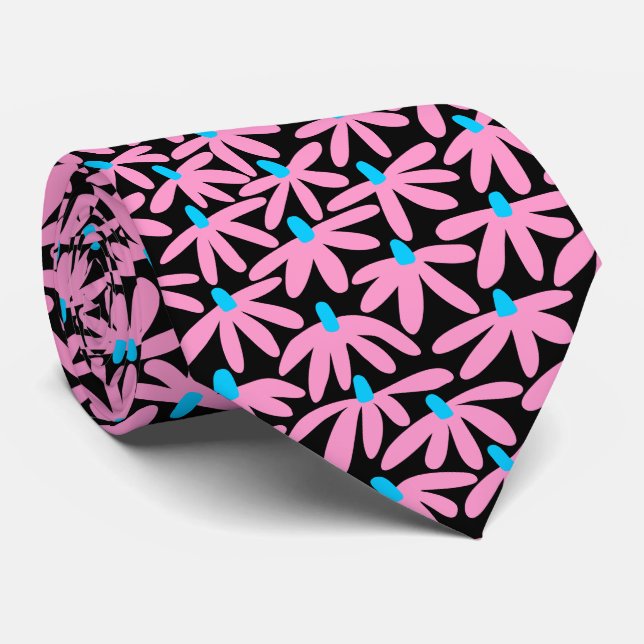 Stylised Flowers - Pink, Sky Blue and Black Tie (Rolled)