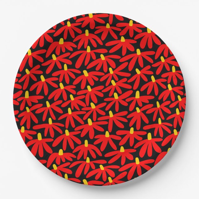 Stylised Flowers - Red and Amber on Black Paper Plate (Front)