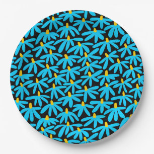 Stylised Flowers - Sky Blue and Amber on Black Paper Plate