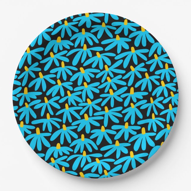 Stylised Flowers - Sky Blue and Amber on Black Paper Plate (Front)