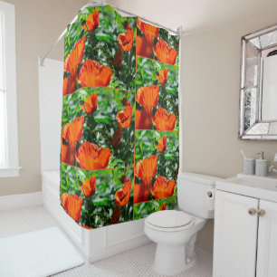 Stylised Garden Red Orange Poppy Flowers Shower Curtain