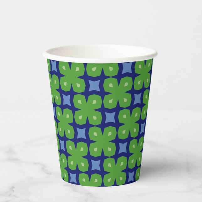 Stylised Geometric Four-Leaf Clovers on Blue Paper Cups (Front)