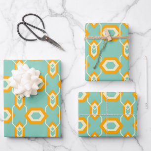 Stylised geometric pattern in bold orange hexagon wrapping paper sheet
