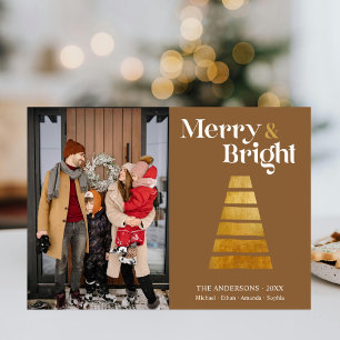 Stylised Gold Christmas Tree Family Photo Beige Holiday Card