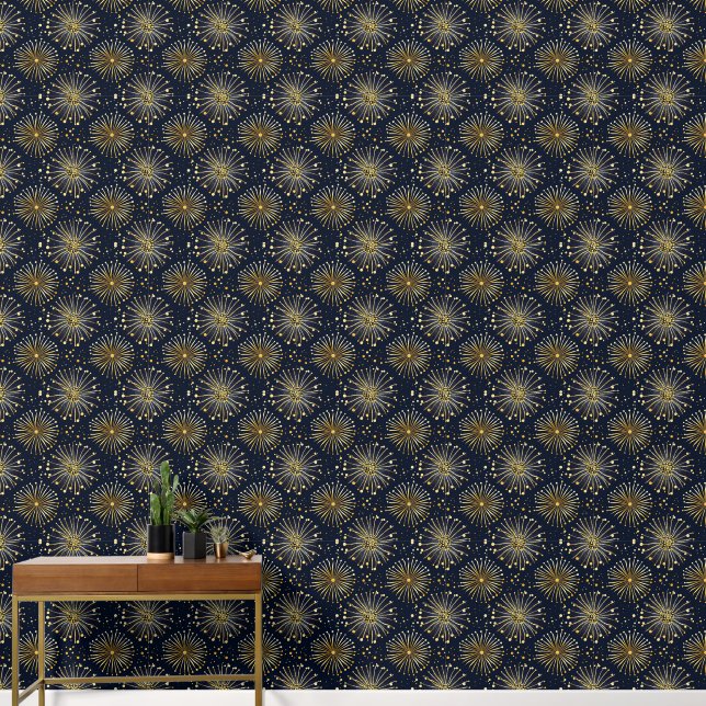 Stylised gold foil, flowers on midnight blue wallpaper (Hallway)