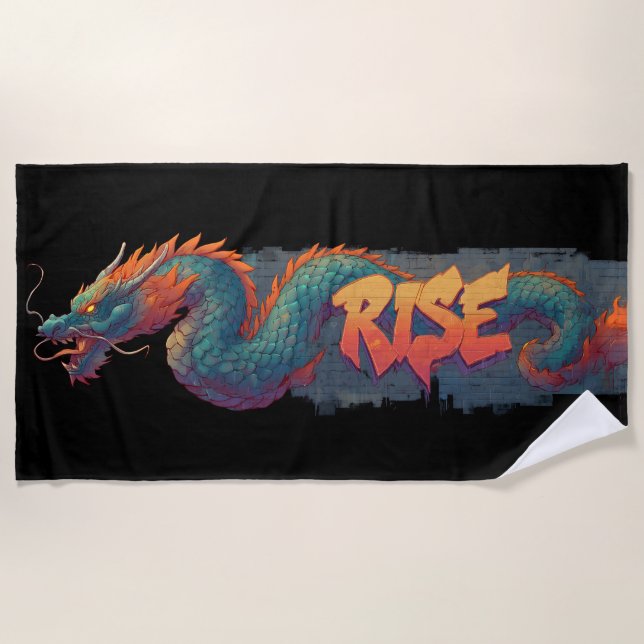 Stylised Graffiti Dragon Mural with Bold 'RISE'  Beach Towel (Front)