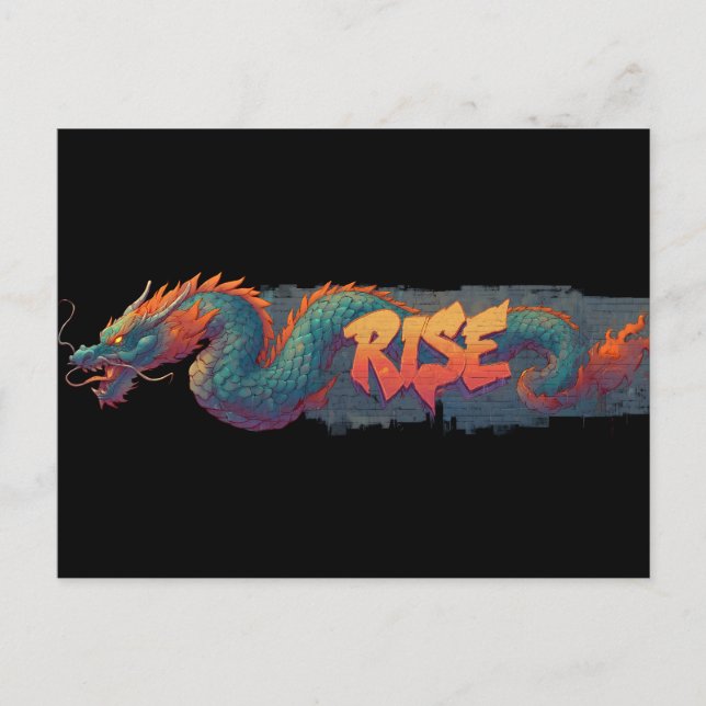 Stylised Graffiti Dragon Mural with Bold 'RISE'  Postcard (Front)
