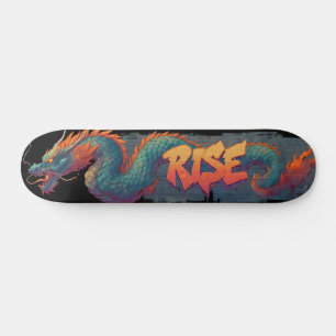 Stylised Graffiti Dragon Mural with Bold 'RISE' Skateboard