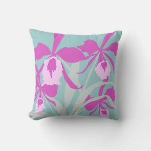 Stylised graphic purple aqua orchid art pillow