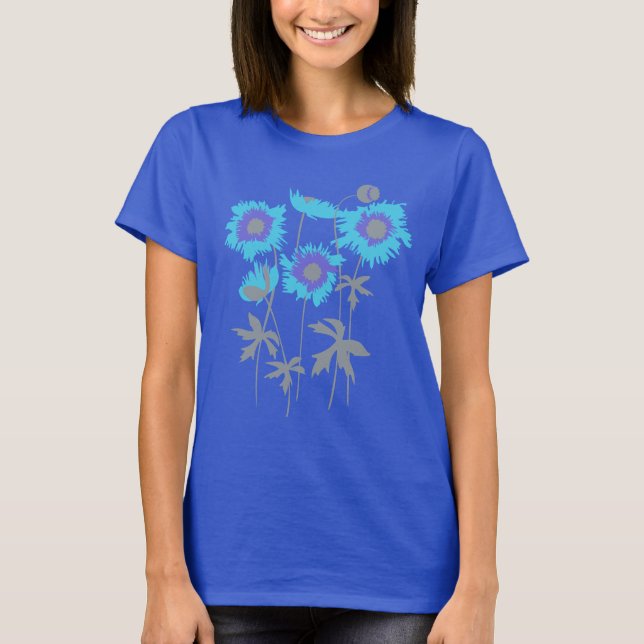 Stylised graphic ragged poppies blue purple & grey T-Shirt (Front)