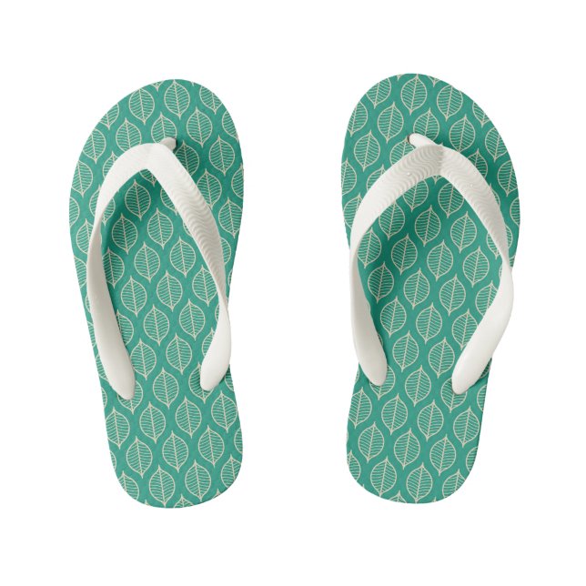 Stylised Green Leaf Pattern Kid's Flip Flops (Footbed)