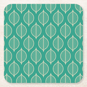 Stylised Green Leaf Pattern Square Paper Coaster