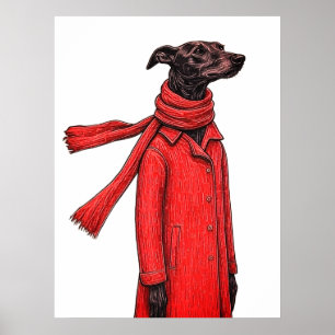 Stylised Greyhound Drawing with Red Vintage Coat Poster