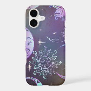 Stylised hand drawn sun moon faces stars purple