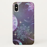 Stylised hand drawn sun moon faces stars purple 