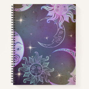 Stylised hand drawn sun moon faces stars purple notebook