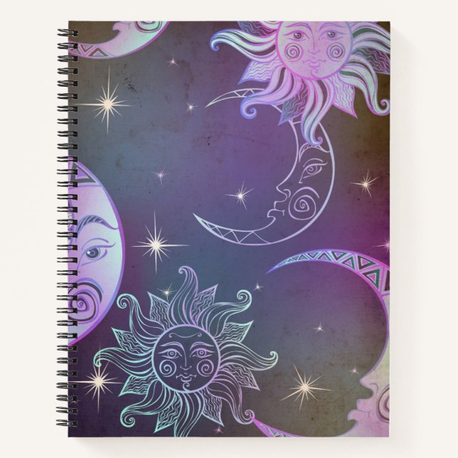 Stylised hand drawn sun moon faces stars purple  notebook (Front)
