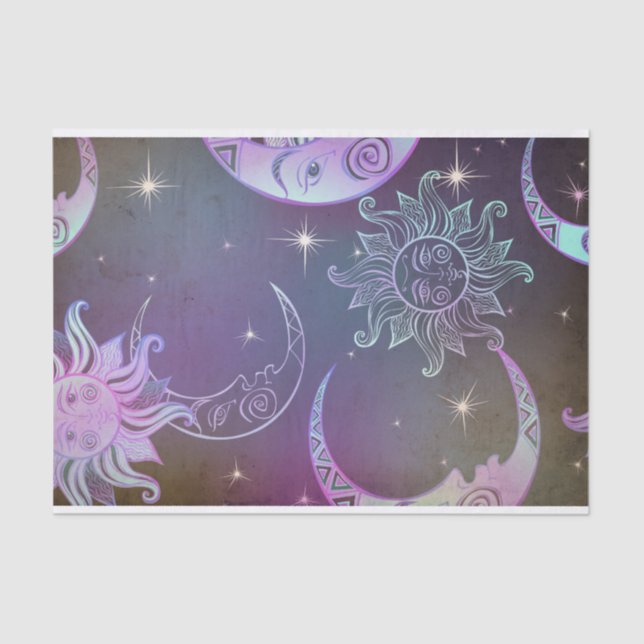 Stylised hand drawn sun moon faces stars purple tissue paper (Front)