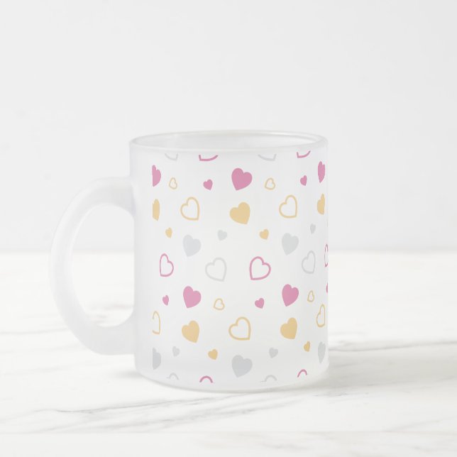 Stylised hearts pattern frosted glass coffee mug (Left)