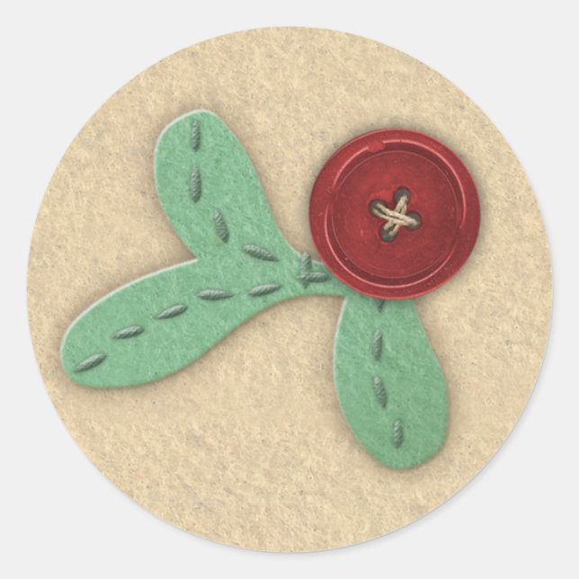 Stylised Holly Sprig Faux Felt & Embroidery Classic Round Sticker (Front)