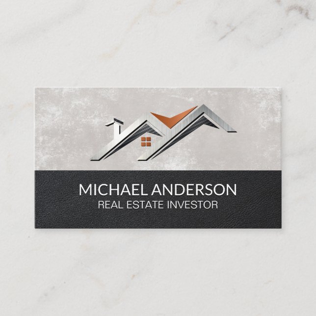 Stylised House Roof Logo  | Leather Texture Business Card (Front)