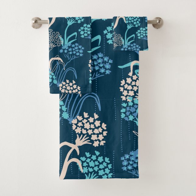 Stylised Hydrangea Floral Pattern - Elegant Blue Bath Towel Set (Insitu)