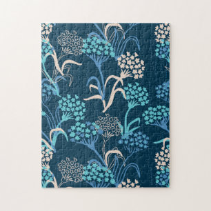 Stylised Hydrangea Floral Pattern - Elegant Blue Jigsaw Puzzle