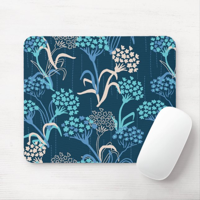 Stylised Hydrangea Floral Pattern - Elegant Blue Mouse Mat (With Mouse)