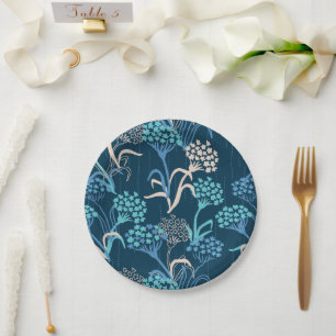 Stylised Hydrangea Floral Pattern - Elegant Blue Paper Plate