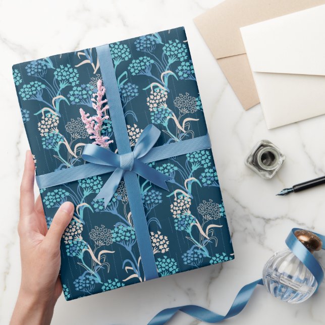Stylised Hydrangea Floral Pattern - Elegant Blue Wrapping Paper (Gifting)