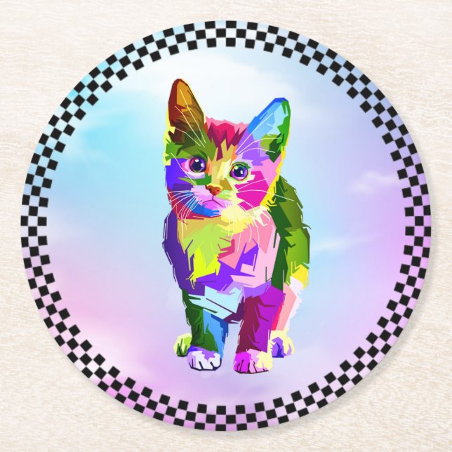 Stylised Kitten Prismatic Design-32345 Round Paper Coaster (Front)