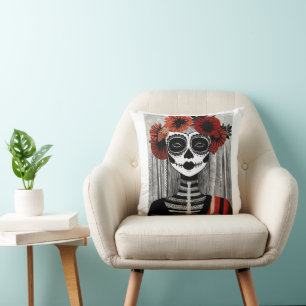 Stylised La Catrina Pillow: Black, Red, and White  Cushion