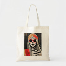 Stylised La Catrina Tote Bag in Red, Black & White