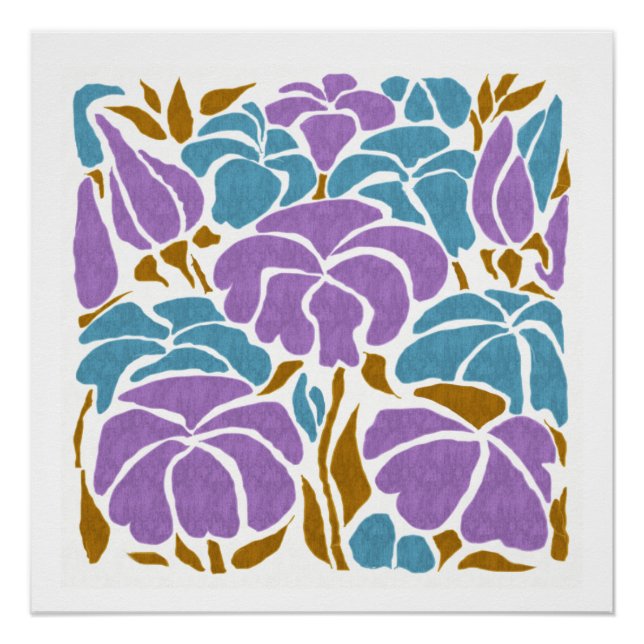 Stylised Lavender Blue and Yellow Floral Art Poster (Front)