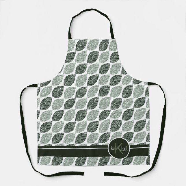Stylised Leaf Pattern Monogram Green ID707 Apron (Front)