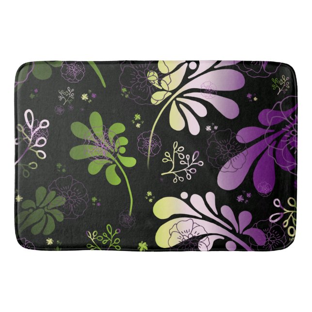 Stylised leaves and flowers on black background  bath mat (Front)