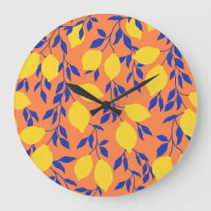 Stylised Lemons Vintage Tropical Pattern Large Clock
