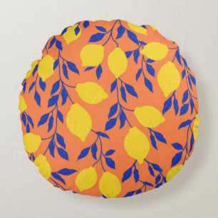 Stylised Lemons Vintage Tropical Pattern Round Cushion