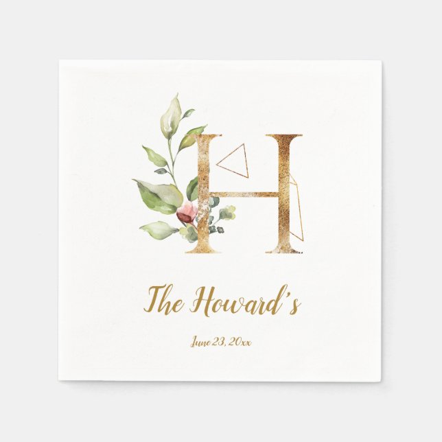 Stylised Letter H Floral Wedding Napkins (Front)