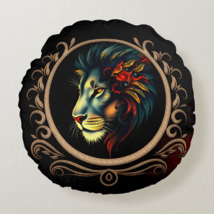 Stylised Lion Head Portrait in Mandala Frame Round Cushion