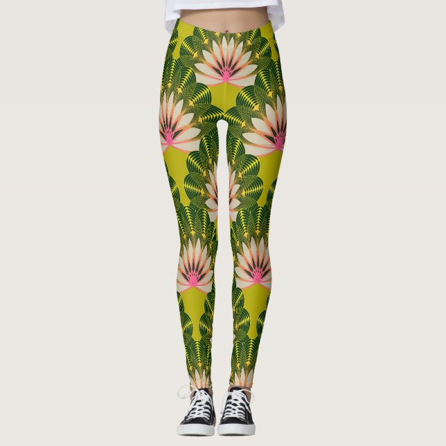 Stylised lotus wallpaper: pink, green. leggings (Front)