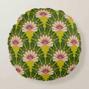 Stylised lotus wallpaper: pink, green. round cushion