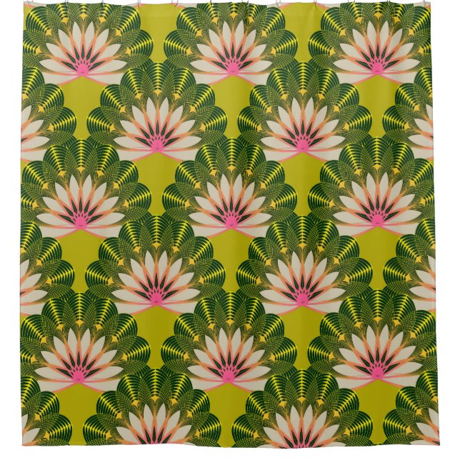 Stylised lotus wallpaper: pink, green. shower curtain (Front)