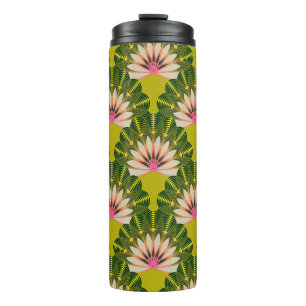Stylised lotus wallpaper: pink, green. thermal tumbler