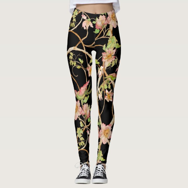 Stylised Modern Chinoiserie Floral Birds Lime Pink Leggings (Front)
