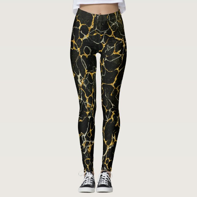 Stylised Modern Marbling Marbled Marble Black Gold Leggings (Front)