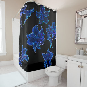 Stylised Neon Blue Flowers Floral Shower Curtain