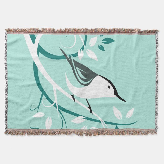 Stylised Nuthatch In Tree Throw Blanket (Front)