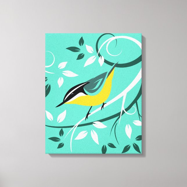 Stylised Nuthatch On Tree Branch Canvas Print (Front)