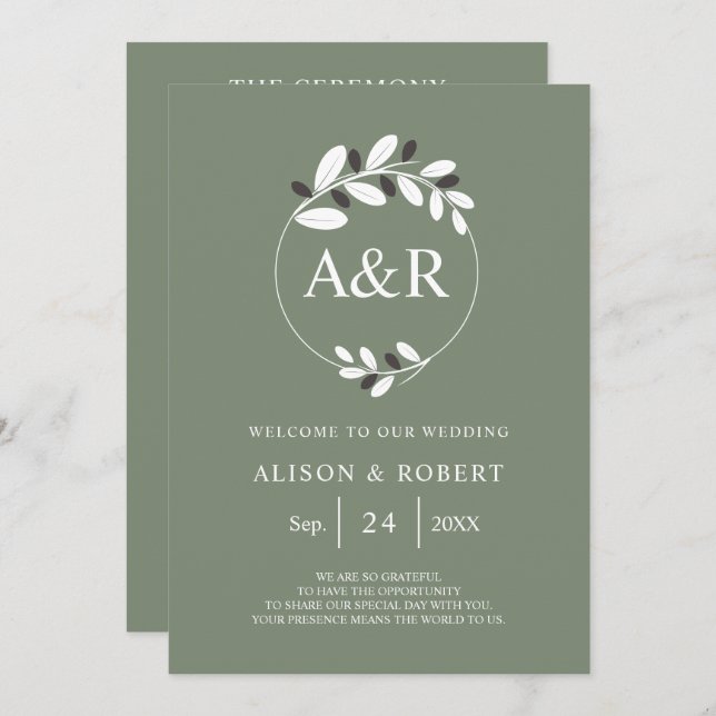 Stylised olive branch Mediterranean green wedding Programme (Front/Back)